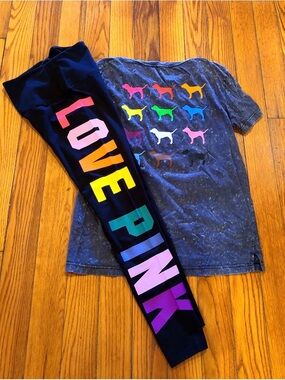 PINK Victoria's Secret Washed Black Logo Tee and Leggings Set